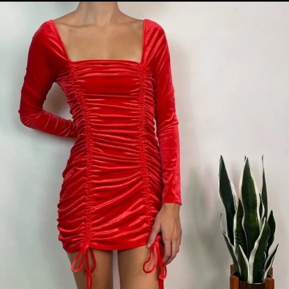 Red Velvet Ruched Bodycon Mini Dress Wild Fable Square Neckline Adjustable Ties - Picture 11 of 11